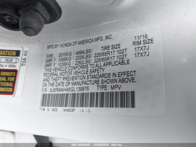 5J6RM4H45GL139876 Honda CR-V SE