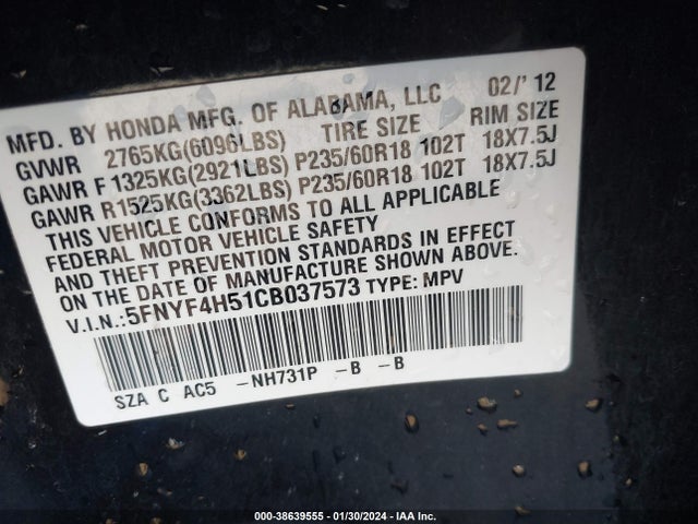 2012 HONDA PILOT EX-L VIN: 5FNYF4H51CB037573