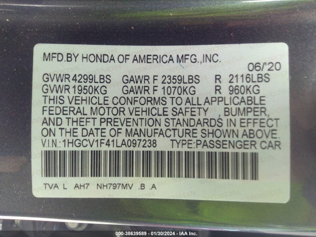 Honda ACCORD EX 2020 1HGCV1F41LA097238 Image 9