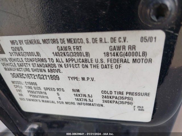 2001 GMC YUKON XL 3GKEC16T21G271809 Photo 8