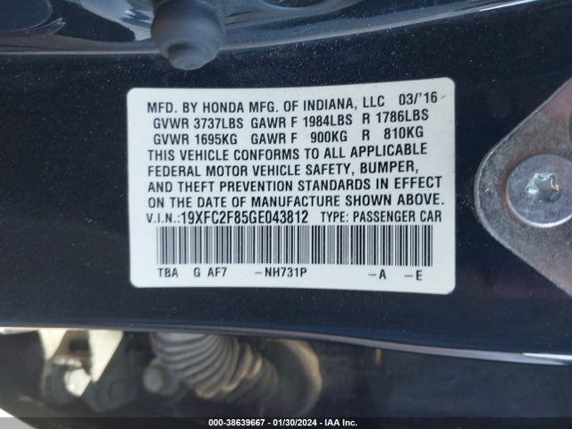 Honda CIVIC EX 2016 19XFC2F85GE043812 Image 9