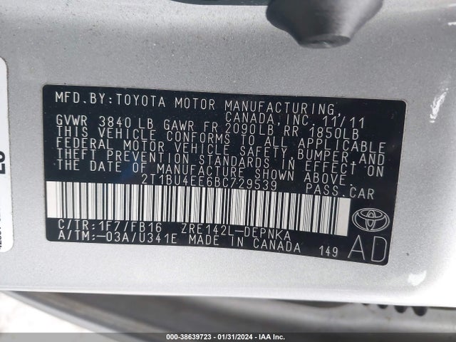 2011 TOYOTA COROLLA LE VIN: 2T1BU4EE6BC729539