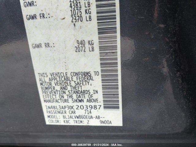 Продаж на аукціоні авто 2013 Nissan Altima 3.5 Sl, vin: 1N4BL3AP3DC203987, номер лоту: 38639759