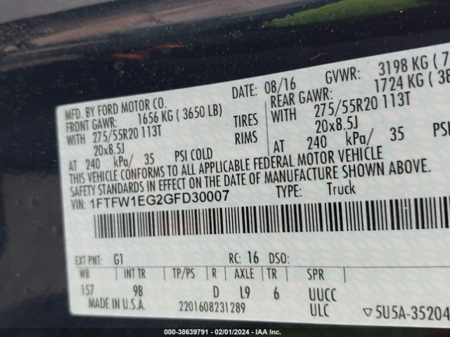 1FTFW1EG2GFD30007 Ford F-150 Platinum
