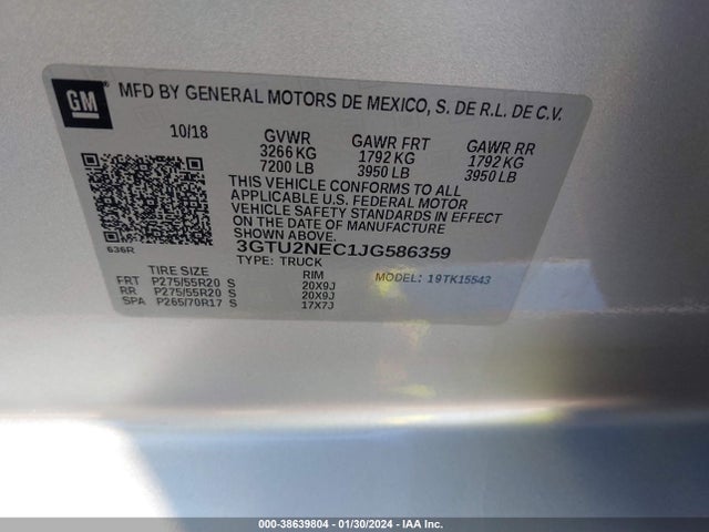 2018 GMC SIERRA 1500 SLT VIN: 3GTU2NEC1JG586359