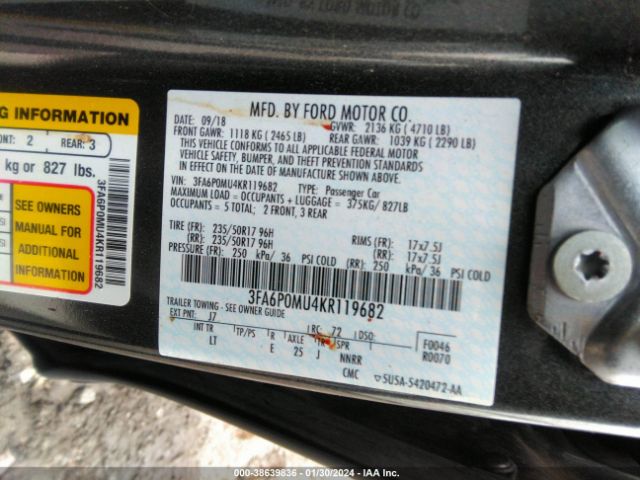 3FA6P0MU4KR119682 Ford Fusion Hybrid Sel
