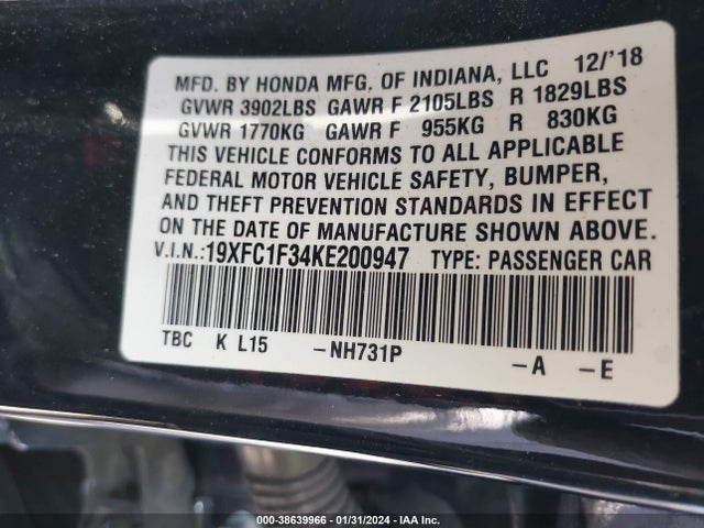 Honda CIVIC EX 2019 19XFC1F34KE200947 Image 9