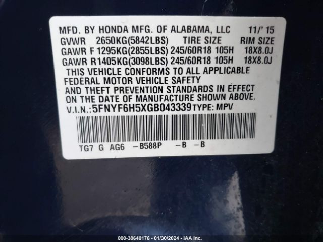 5FNYF6H5XGB043339 Honda Pilot Ex-l