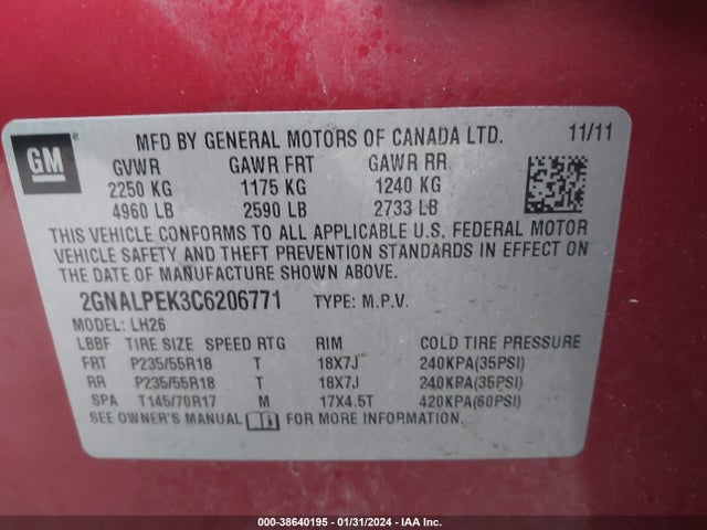 2012 CHEVROLET EQUINOX 2LT VIN: 2GNALPEK3C6206771