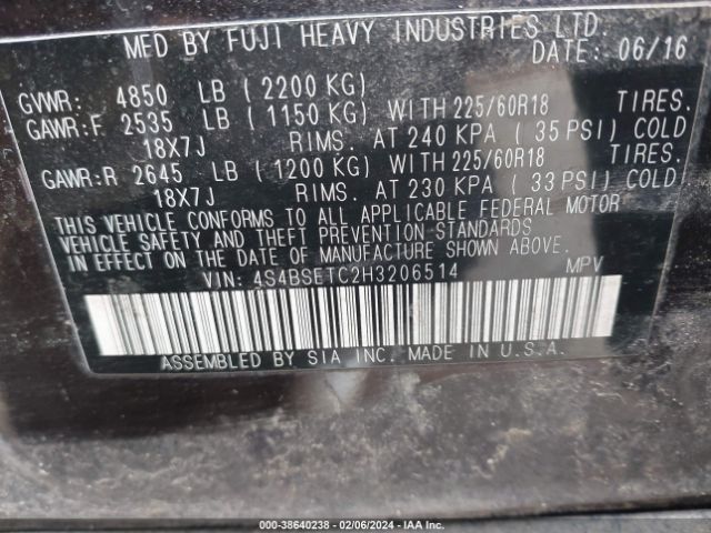 4S4BSETC2H3206514 Subaru Outback 3.6r Touring