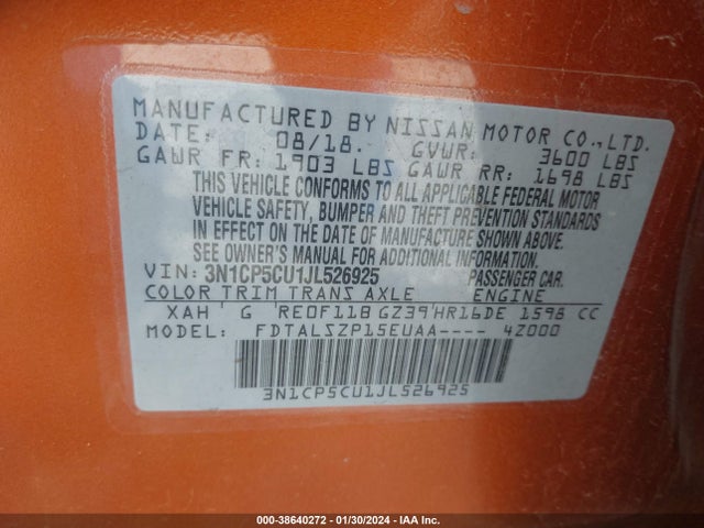 Aukcja sprzedaży 2018 Nissan Kicks Sv, vin: 3N1CP5CU1JL526925, numer aukcji: 38640272