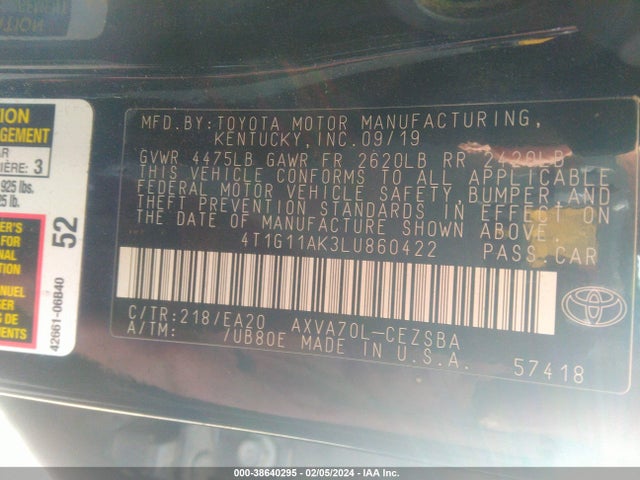 Toyota CAMRY SE 2020 4T1G11AK3LU860422 Image 9