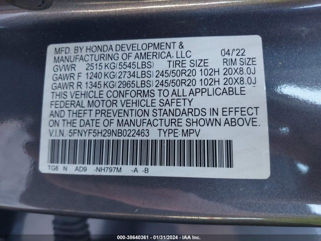 Honda Pilot 2wd Special Edition 2022 5FNYF5H29NB022463 Image 9
