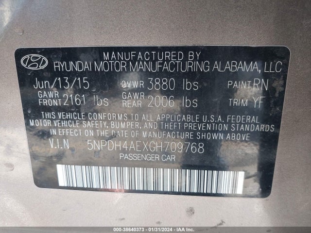 Hyundai ELANTRA SE 2016 5NPDH4AEXGH709768 Image 9