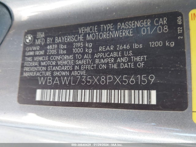 2008 BMW 335I VIN: WBAWL735X8PX56159