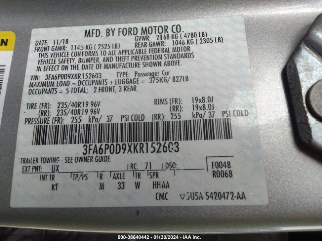 3FA6P0D9XKR152603 Ford Fusion Titanium