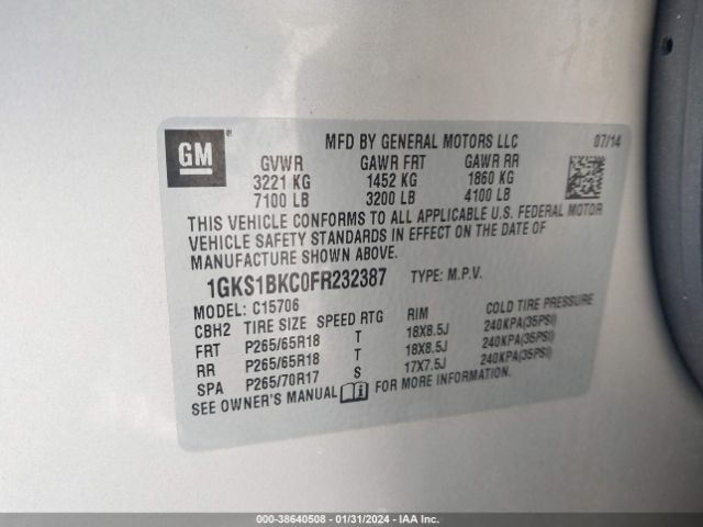 1GKS1BKC0FR232387 GMC YUKON SLT