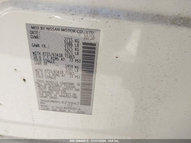 Nissan Pathfinder Sv 2017 5N1DR2MN9HC625947 Image 9