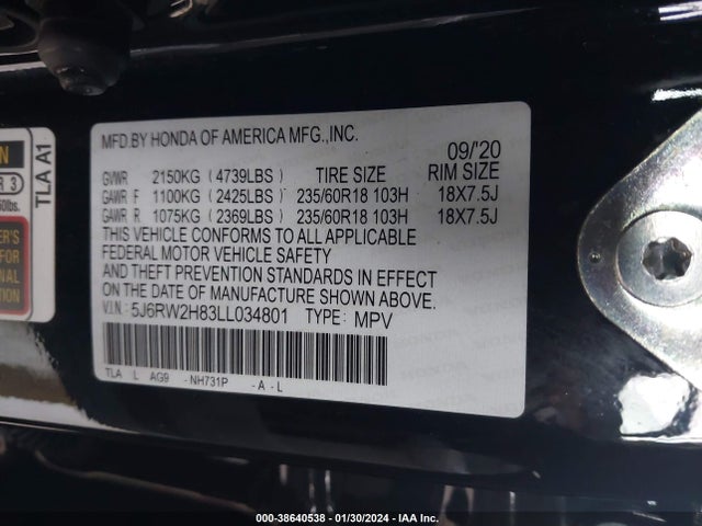Honda Cr-v Awd Ex-l 2020 5J6RW2H83LL034801 Image 9