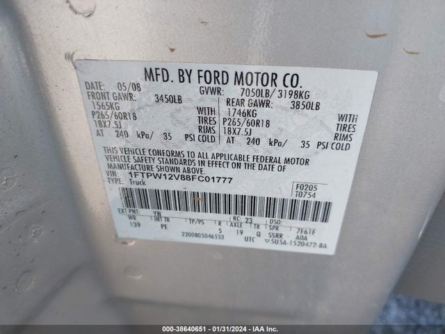 2008 FORD F-150 LARIAT/XLT VIN: 1FTPW12V88FC01777