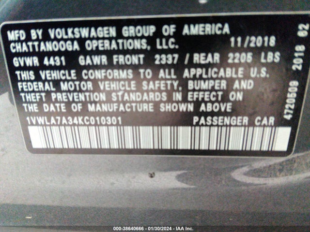 1VWLA7A34KC010301 Volkswagen Passat 2.0t Wolfsburg Edition