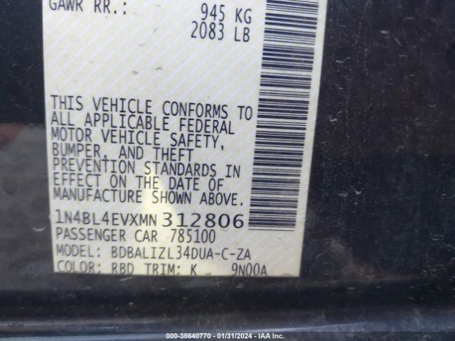 1N4BL4EVXMN312806 Nissan Altima Sl Fwd