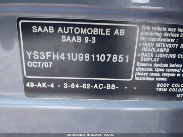 2008 SAAB 9-3 YS3FH41U981107851 Photo 8