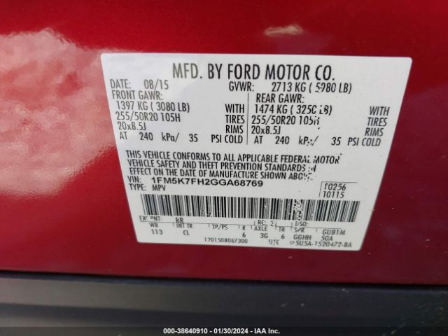 1FM5K7FH2GGA68769 Ford Explorer Limited