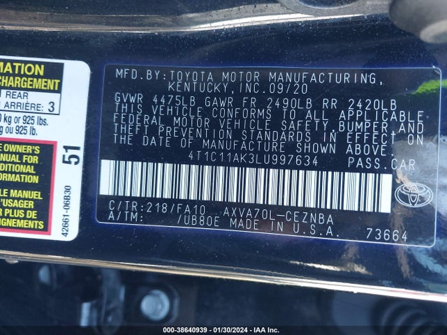 Toyota CAMRY LE 2020 4T1C11AK3LU997634 Image 9
