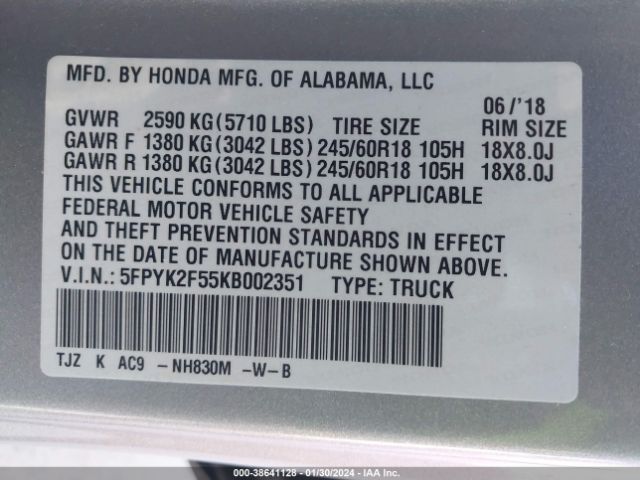 5FPYK2F55KB002351 Honda Ridgeline Rtl