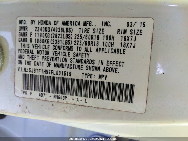 Honda Crosstour Ex-l V6 2015 5J6TF1H57FL001519 Image 9