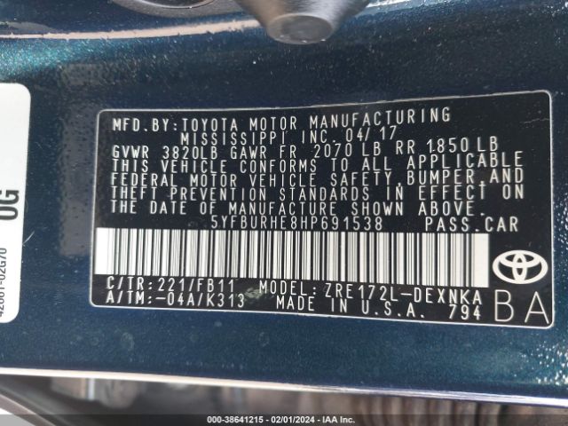 5YFBURHE8HP691538 Toyota Corolla L/le/se/se Special Edition/xle/xse