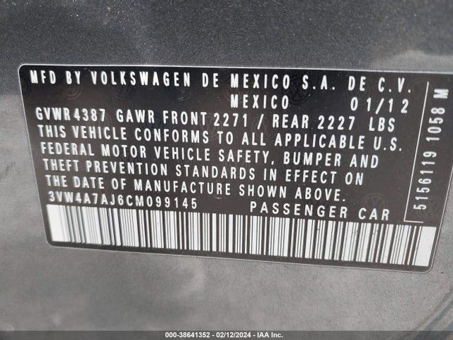 2012 VOLKSWAGEN JETTA GLI VIN: 3VW4A7AJ6CM099145