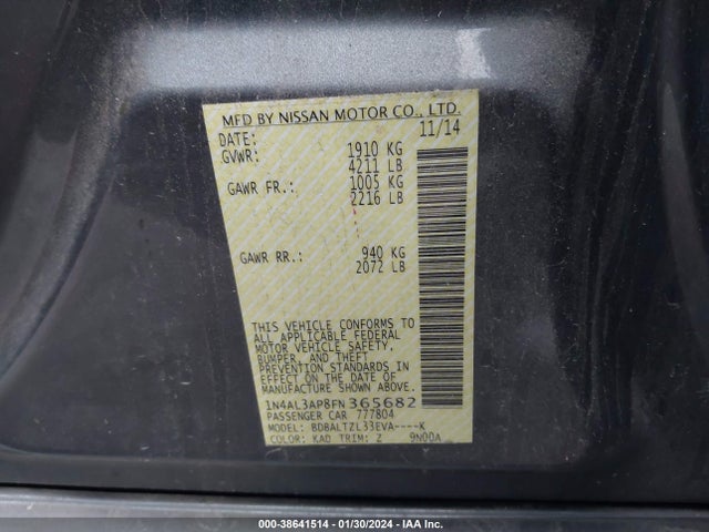 Nissan Altima 2.5 Sl 2015 1N4AL3AP8FN365682 Image 9