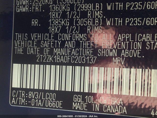 2T2ZK1BA0FC203137 Lexus RX 350