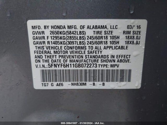 Honda PILOT LX 2016 5FNYF6H11GB072273 Image 9