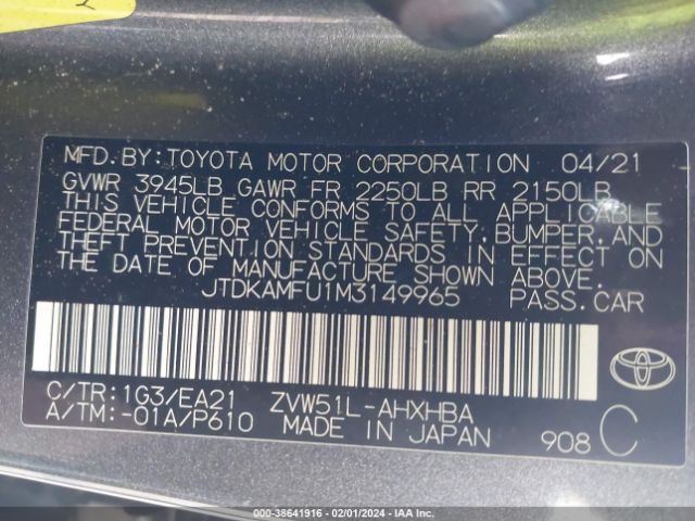 JTDKAMFU1M3149965 Toyota Prius Limited