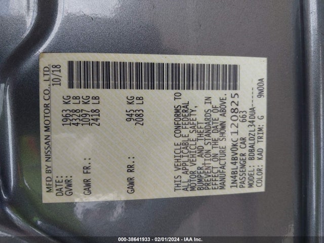 2019 NISSAN ALTIMA 2.5 S VIN: 1N4BL4BV0KC120825