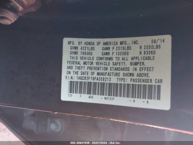 Продаж на аукціоні авто 2015 Honda Accord Ex, vin: 1HGCR2F76FA009213, номер лоту: 38641936