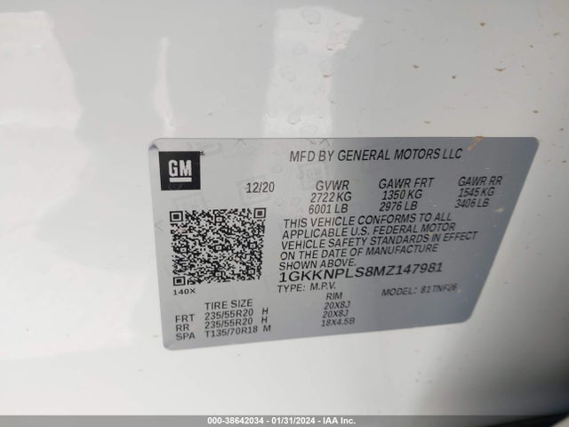 Aukcja sprzedaży 2021 Gmc Acadia Fwd Denali, vin: 1GKKNPLS8MZ147981, numer aukcji: 38642034