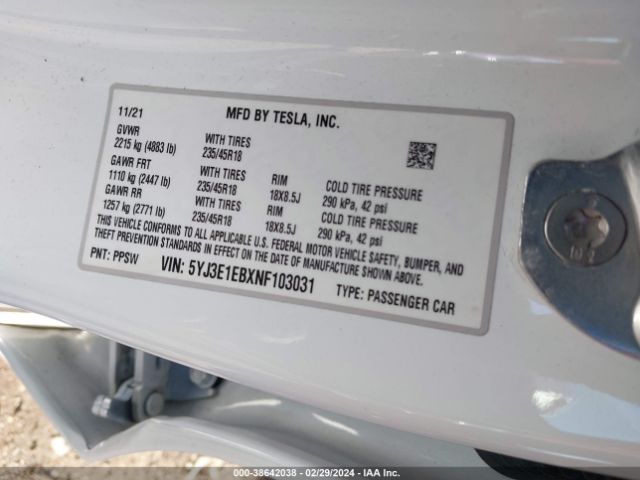 5YJ3E1EBXNF103031 Tesla Model 3 Long Range Dual Motor All-wheel Drive