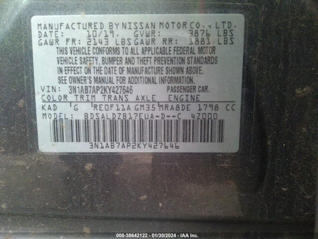 Nissan SENTRA SV 2019 3N1AB7AP2KY427646 Image 9