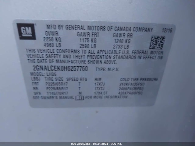 Chevrolet EQUINOX LT 2017 2GNALCEK0H6257760 Image 9