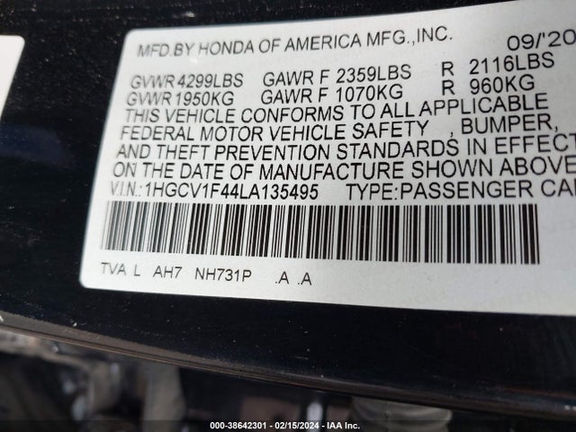 Honda ACCORD EX 2020 1HGCV1F44LA135495 Image 9