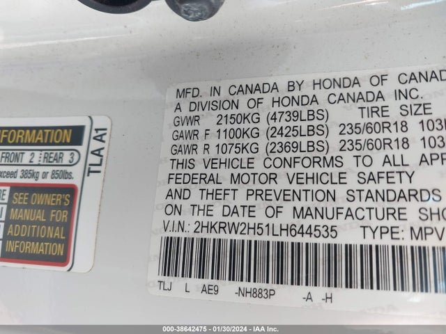 Honda Cr-v Awd Ex 2020 2HKRW2H51LH644535 Image 9