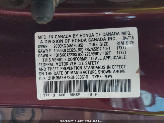 Honda Cr-v Ex-l 2016 2HKRM3H78GH539610 Image 9