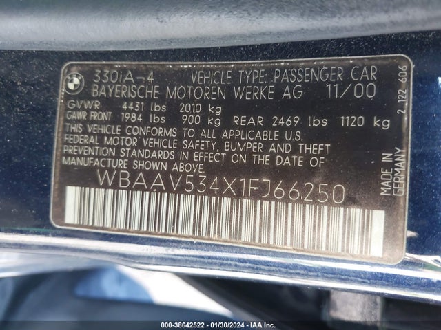 2001 BMW 3 SERIES 330I VIN: WBAAV534X1FJ66250