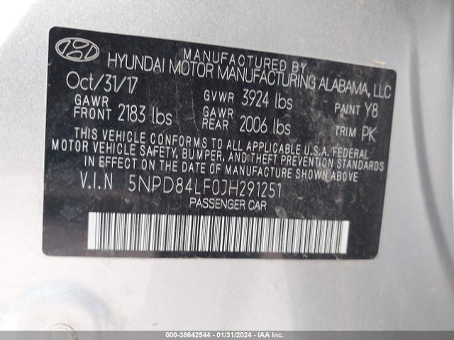 2018 HYUNDAI ELANTRA SEL VIN: 5NPD84LF0JH291251