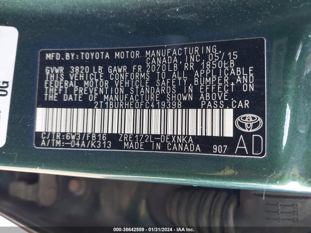 Toyota COROLLA LE 2015 2T1BURHE0FC419398 Image 9