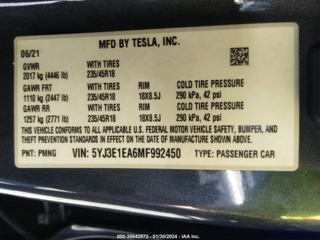 Tesla Model 3 Standard Range Plus Rear-wheel Drive 2021 5YJ3E1EA6MF992450 Image 9